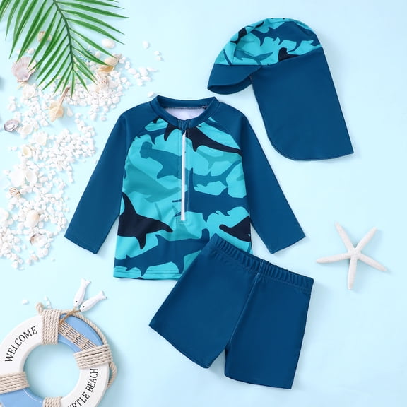 Hifoo Child Baby Boys Swimwear Sets Long Sleeve Rash Guard Swim Shirt With Print Swim Trunks And Hat For Toddler Summer Beach Play Adorable Vacation Pool Bathing Suit