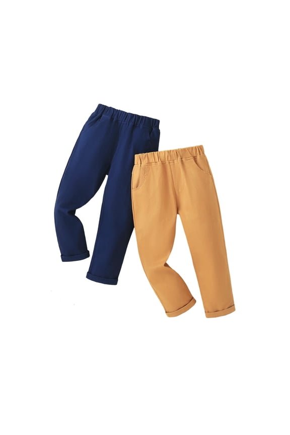 Child Boys Casual Pants With Pockets Elastic Waist Straight Leg Comfortable Trousers For Kids And Youth Daily Wear Relaxed Fit Solid Color Slacks