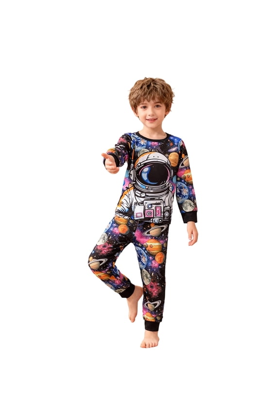 Child Boys Outfit Sets Astronaut Themed Long Sleeve T-Shirts O-Neck Tops And Pants With Solar System Print Kids Comfortable Sleep Relaxed Fit Clothes Sets