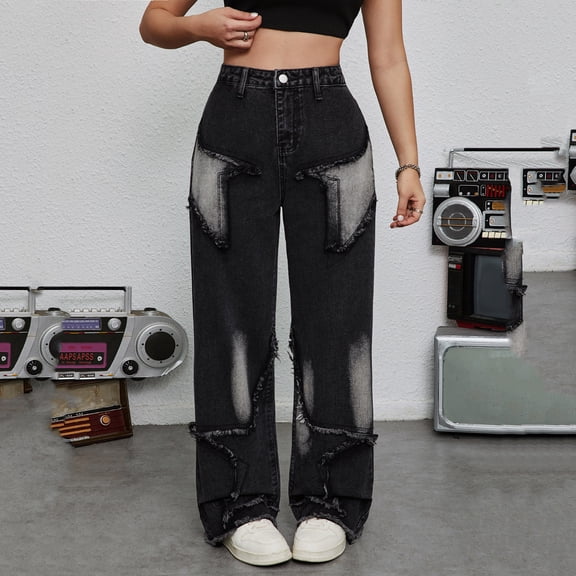 Hifoo Child Fashion Girls Wide Leg Denim Pants With Allover Star High Waist Design Comfortable Casual Trousers Teen Girls And Juniors Fashionable Streetwear Bottoms Holiday Kids Slacks