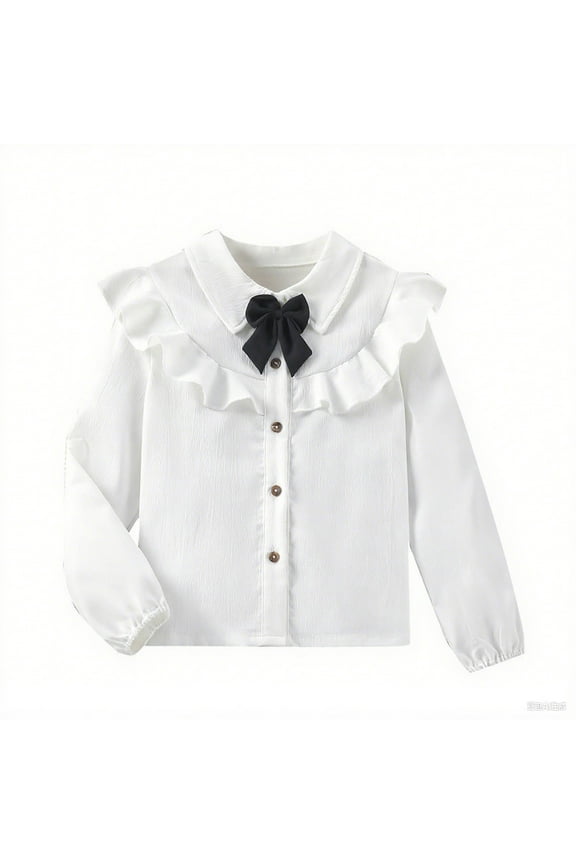 Child Girls Blouse With Lace Trim And Bow Tie Casual Long Sleeve Shirt Kids Autumn Tops Tee For Girls 8 12 Years Old Comfortable School Tops Back To School Stylish Clothing