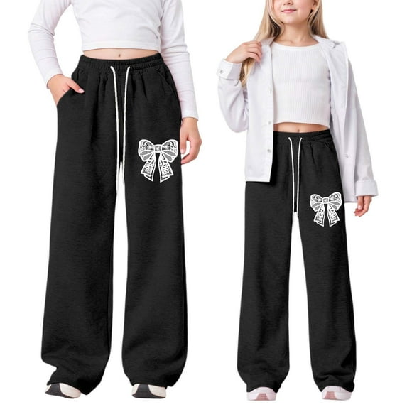 Hifoo Child Girls Bow Tie Wide Leg Joggers Lightweight Straight Leg Athletic Pants With Pockets For Casual Comfort Trendy Trousers Kids Slacks