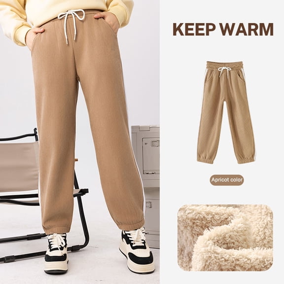 Hifoo Child Girls Corduroy Pants Winter Fuzzy Thick Casual Trousers Toddler Big Kids Soft Warm Elastic Waist Outdoor School Wear Comfortable Durable Everyday Bottoms Cozy Slacks