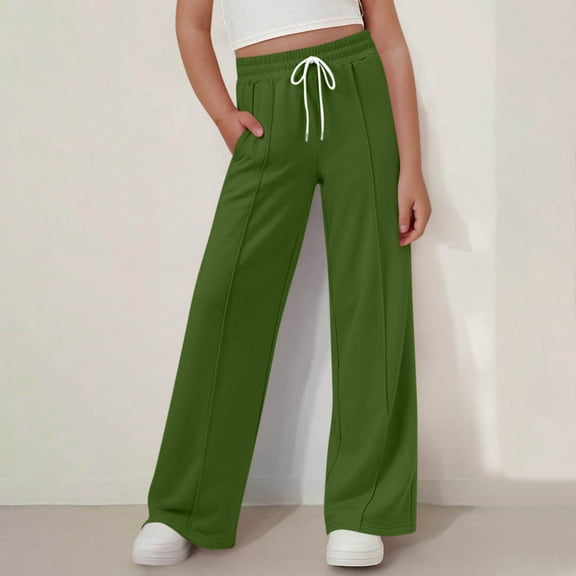 Hifoo Child Girls Elastic Waist Wide Leg Pants Straight Leg Casual Trousers Kids Youth Summer Fashion Solid Color Long Bottoms Lovely Slacks