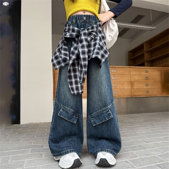 Hifoo Child Girls High Waisted Jeans With Detachable Checkered Overlay Retro Loose Wide Leg Pants Toddler Big Kids Fashion Casual Pant Comfort Trousers Slacks