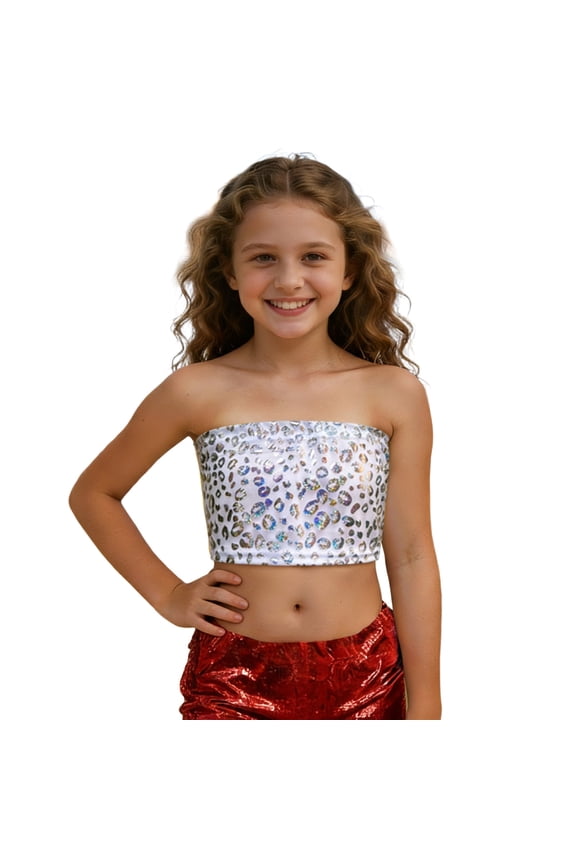 Child Girls Sequin Glitter Leopard Print Dance Cheerleading Strapless Camisole Shirt Kids Back To School Birthday Tops