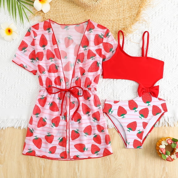 Hifoo Child Girls Swimwear 2 Piece Sets Swimsuit With Cover Up Strawberry Print Sleeves Beach Pool Outfit For Toddler Kids Summer Lovely Vacation Bathing Suit