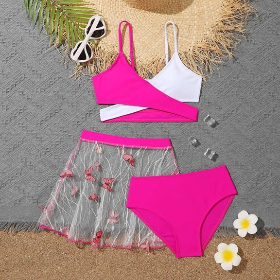 Hifoo Child Girls Swimwear 3 Piece Sets Comfortable Breathable Swimsuits Kids Beach Pool Party Summer Outfit Holiday Vacation Beachwear