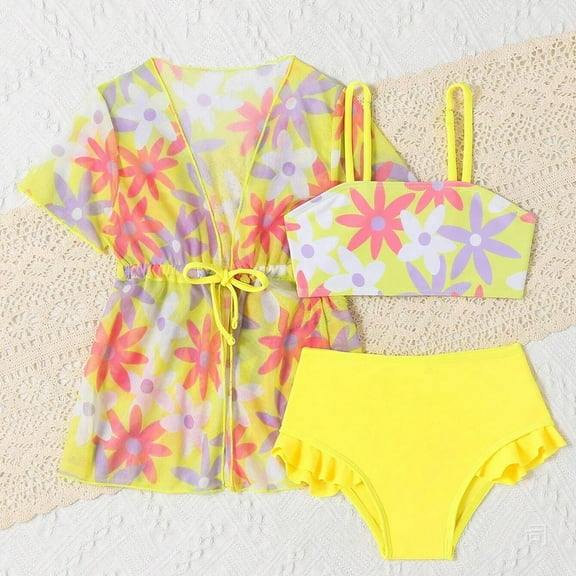 Hifoo Child Girls Swimwear 3 Piece Sets With Floral Cover Up Cute Cartoon Print Toddler Bikini Swimsuit For Beach Pool Summer Vacation Outfit Age Boho Toddler Swim Wear