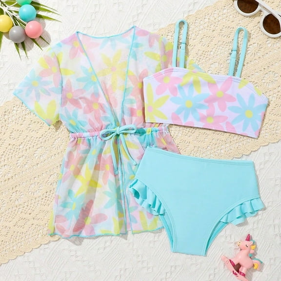 Hifoo Child Girls Swimwear 3 Piece Sets With Floral Cover Up Cute Cartoon Print Toddler Bikini Swimsuit For Beach Pool Summer Vacation Outfit Age Leisure Toddler Swim Wear