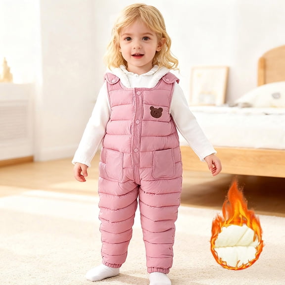 Hifoo Child Girls Thermal Pants With Detachable Suspenders Winter Fuzzy Thick Trousers Baby Toddler Kids Outdoor Play Comfort Slacks