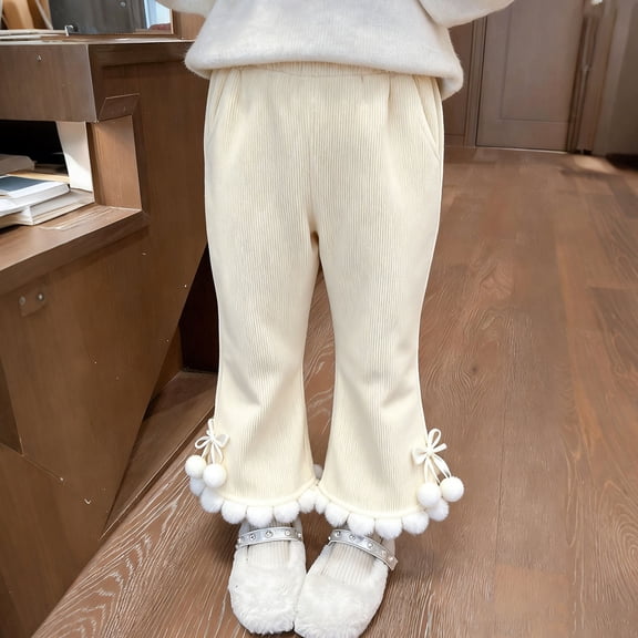 Hifoo Child Girls Winter Wide Leg Pants With Bowknot Soft Fuzzy Trousers Toddler Kids Fashion Casual Wear Classic Slacks