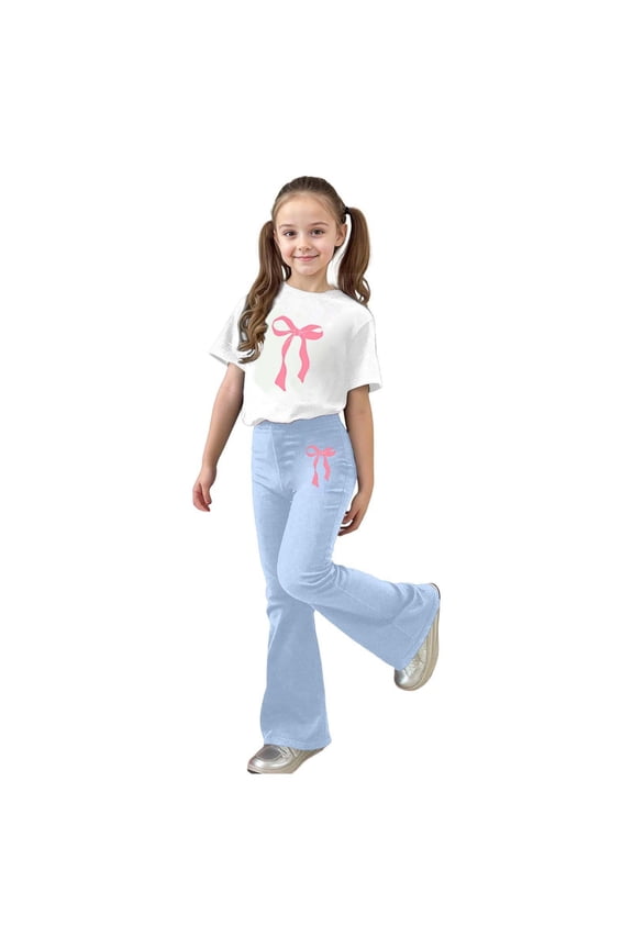 Child Outfit Sets Girls Casual Number Short Sleeve O-Neck Tshirts Tops And Flare Pants Comfortable Playwear Two Piece Summer Cute Clothing Sets
