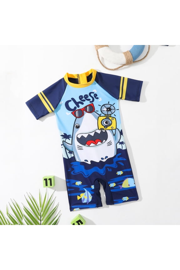 Child Swimwear Boys 1 Piece Swimsuit Cartoon Animals Floral Bathing Suit Zipper Rash Guard Kids Short Sleeve Swimwear Beach Wear Holiday Vacation Pool Summer Beachwear