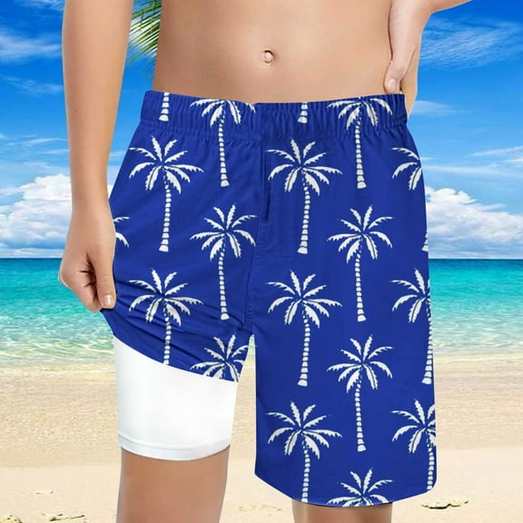 Hifoo Child Swimwear Boys Coconut Tree Printed Swimming Shorts With Lace Up High Waisted Loose Casual Trunks Breathable Vacation Pool Beach Summer Bathing Suit