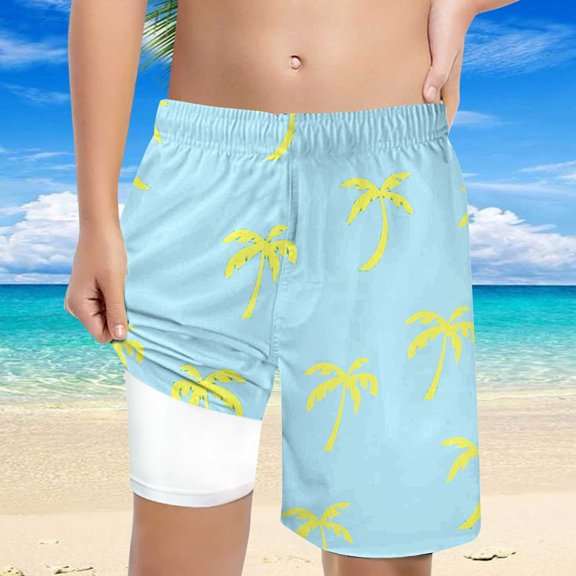 Hifoo Child Swimwear Boys Coconut Tree Printed Swimming Shorts With Lace Up High Waisted Loose Casual Trunks Comfort Vacation Pool Beach Summer Bathing Suit