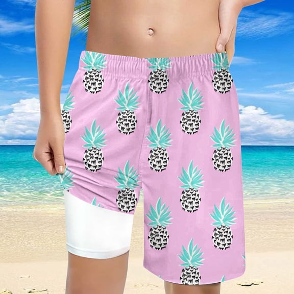 Hifoo Child Swimwear Boys Coconut Tree Printed Swimming Shorts With Lace Up High Waisted Loose Casual Trunks Relaxed Fit Vacation Pool Summer Beachwear