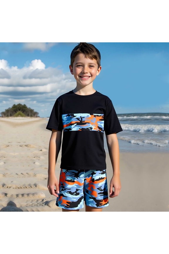 Child Swimwear Boys Sets Camo Swim Shirt And Shorts For Beach Surfing Swimming Hot Spring Summer Outfit Versatile Vacation Pool Bathing Suit