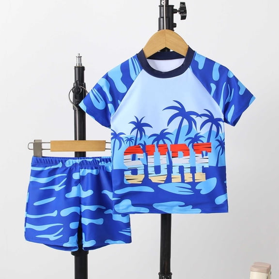 Hifoo Child Swimwear Boys Two Piece Swimsuit Sets With Am Tree Print Quick Dry Swim Shirt & Shorts For Beach Pool (Toddler Kids 3 7 Years) Trendy Vacation Summer Beachwear