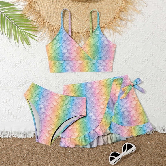 Hifoo Child Swimwear Fish Scale Print Swimwear Sets For Girls 3 Piece Swimsuit Kids Stylish Swimming Versatile Vacation Pool Summer Beachwear