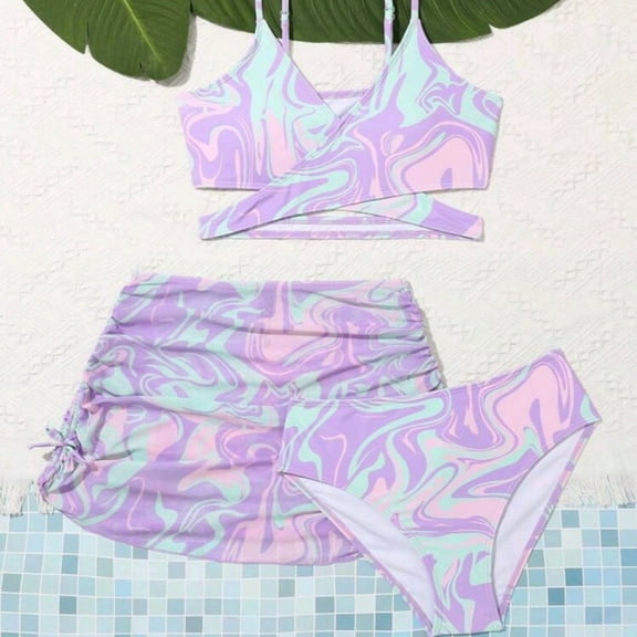 Hifoo Child Swimwear Girl's 3 Piece Swimsuit Bathing Suit Colorful High Waist Bikini Sets With Cover Up Comfort Vacation Pool Beach Summer Bathing Suit