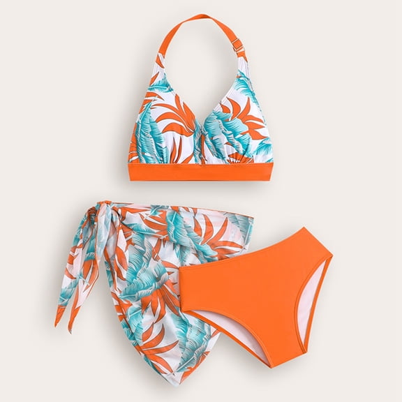 Hifoo Child Swimwear Summer Girls Large Sized Leaf Patterned Bikini With Wrap Around Skirt And Three Piece Separate Swimsuit In Classic Vacation Pool Beach Bathing Suit