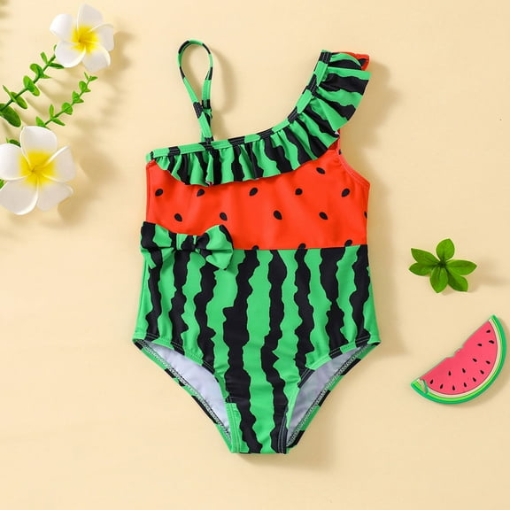 Hifoo Child Swimwear Summer Toddler Girls Ruffles 1 Piece Swimwear Watermelon Prints Beach Swimsuit Bikini Breathable Vacation Pool Bathing Suit
