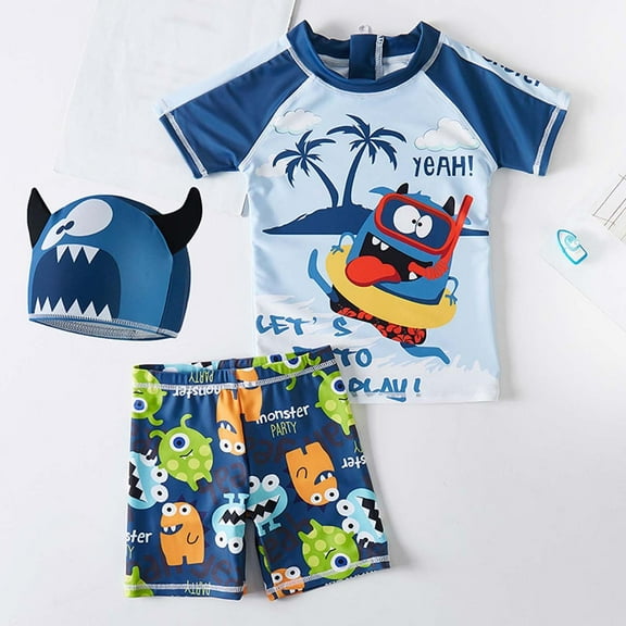 Hifoo Child Swimwear Three Piece Baby Boys Swimsuit O-Neck Short Sleeve Cartoon Cute Toddlers Kids Student Birthday Vacation Pool Summer Beachwear