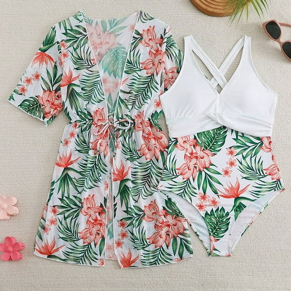 Hifoo Child Swimwear Toddler Baby Girl's 3 Piece Swimsuits Green Floral Prints Bikini Bathing Suit Briefs Girls Bikini Beach Swimwear Sets Lovely Vacation Pool Summer Bathing Suit