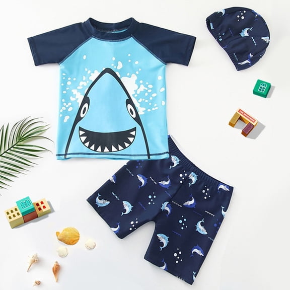 Hifoo Child Swimwear Toddler Swimsuit Boy 3 Piece Boys Swim Sets Short Sleeve Swim Shirt Swim Trunks Rash Guard Bathing Suits Stylish Vacation Pool Beach Summer Bathing Suit