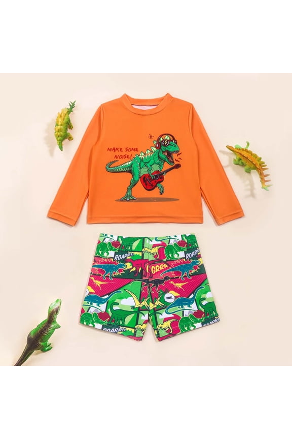 Child Swimwear Two Piece Toddlers Baby Boys O-Neck Long Sleeve Cartoon Cute Kids Student Swimsuit Lovely Vacation Pool Beach Summer Bathing Suit