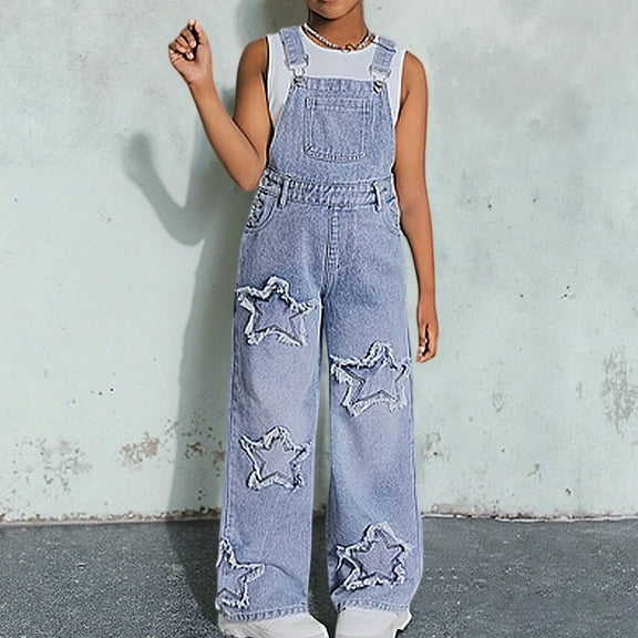 Hifoo Child Trendy Girls Denim Overalls With Star Casual Wide Leg Jumpsuit Teen Girls Comfortable Summer Fall Pant Stylish Sleeveless Jumpsuits Rompers