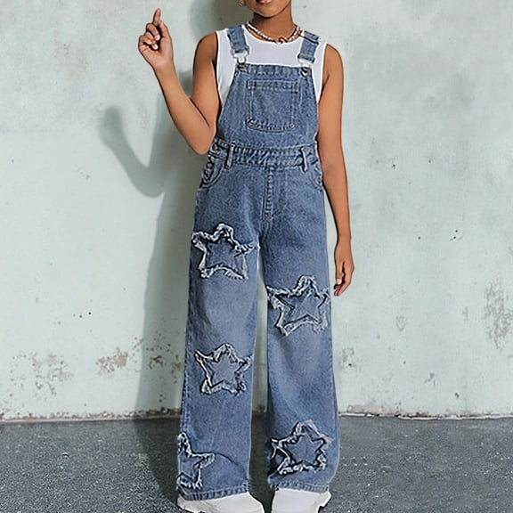 Hifoo Child Trendy Girls Denim Overalls With Star Casual Wide Leg Jumpsuit Teen Girls Comfortable Summer Fall Pant Cozy Sleeveless Jumpsuits Rompers
