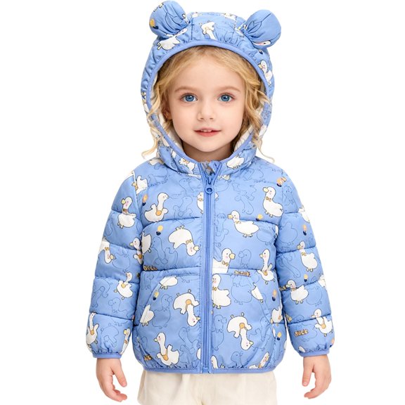 Hifoo Girls Down Coat Winter Cartoon Solid Color Warm Jacket With Cute Animal Print Insulated Outerwear Toddler Kids Tops Long Sleeve Soft Lightweight Hooded Trendy Child Dailywear