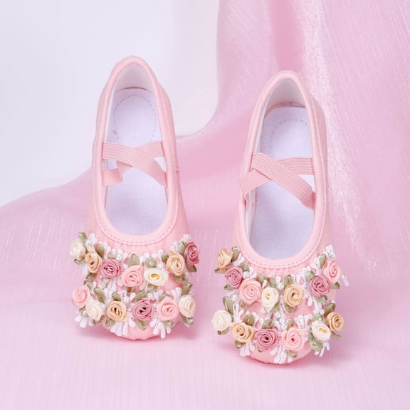 Hifoo Girls Dance Sandals Open Toe Patchwork Soft Sole Ballet Performance Shoes Cute Floral Lace Canvas Pearl For Stage Recital Trendy Kids Footwear