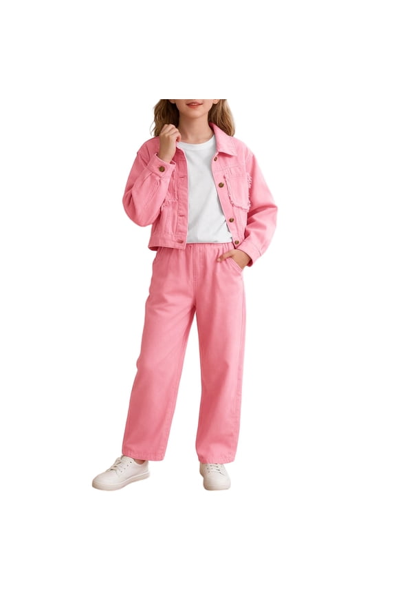 Girls Denim Jacket And Wide Leg Pants Fashionable Two Piece Outfit Sets Big Kids Comfortable Casual Wear Autumn Seasons Long Sleeve Leisure Clothes Sets