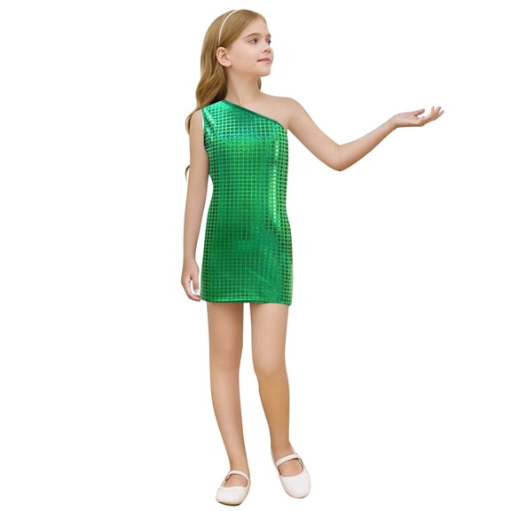 Hifoo Girls Fashion Square Sequin Print Sleeveless Dress Round Neck Asymmetric Hem Party Wear Casual Summer Relaxed Fit Kids Christmas Dresses