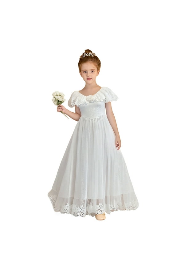 Girls French Style Gentle Style White One Shoulder Dress Soft Kids Christmas Solid Color O-Neck Dresses