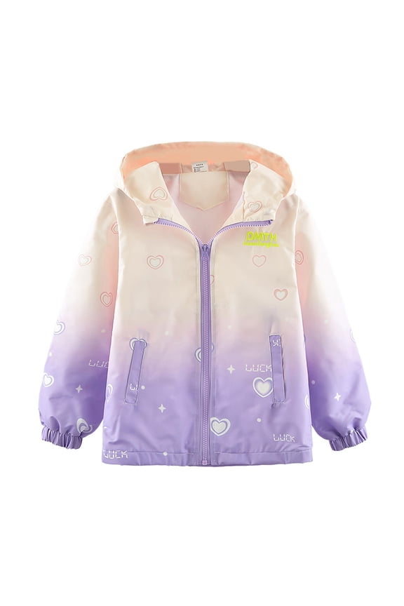 Girls Gradient Heart Print Long Sleeve Jackets Coats Lightweight Windbreaker Outerwear Autumn Outdoor Activities Versatile Child Clothing