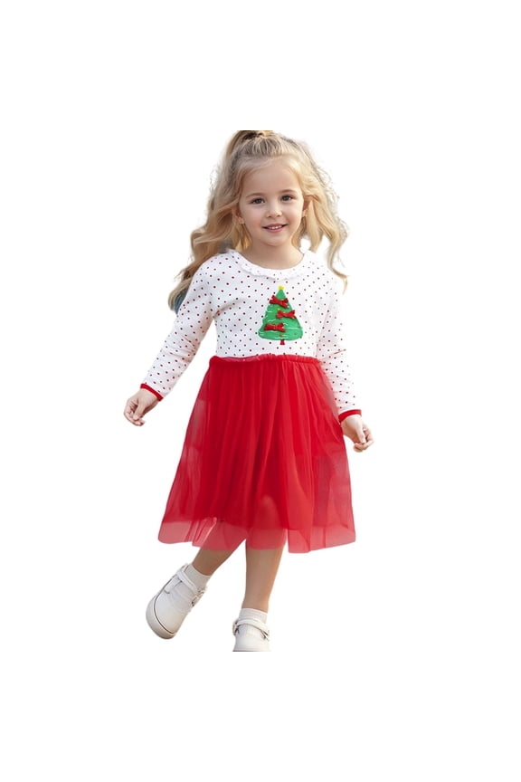 Girls Party Dress With Skirt Holiday Festive Season Toddler Kids Elegant Gown Holiday Child Christmas Solid Color O-Neck Dresses