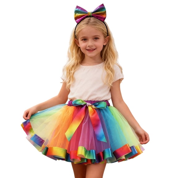 Hifoo Girls Rainbow Skirt With Hairband Ballet Dance Tutu Performance Party Dress Versatile Sparkling Flared Summer Dailywear