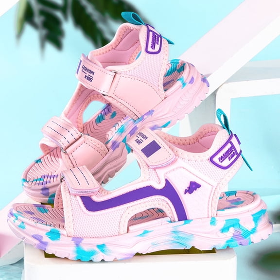 Hifoo Girls Sandals Open Toe Patchwork Everyday Wear And Beach Play Soft Sole Thick Bottom Strappy Comfortable Toddler Kids Footwear With Hook And Loop Closure For Boho Child Shoes