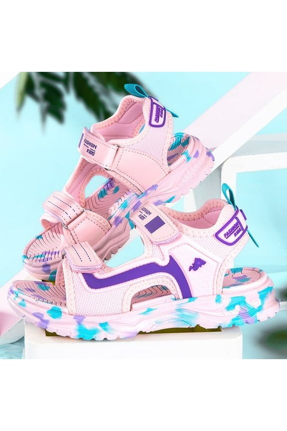 Girls Sandals Open Toe Patchwork Everyday Wear And Beach Play Soft Sole Thick Bottom Strappy Comfortable Toddler Kids Footwear With Hook And Loop Closure For Breathable Child Shoes