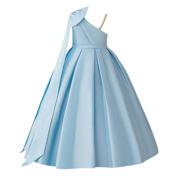 Hifoo Girls Satin Dress With Bow Shoulder Straps Gown Pageant Party Formal Evening Dress Toddler Versatile Kids Christmas Solid Color O-Neck Dresses
