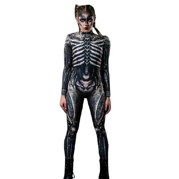 Hifoo Halloween Hallowmas Bodysuit Skeleton Printed Suit Women O-Neck Jumpsuit Stylish Female Onesie
