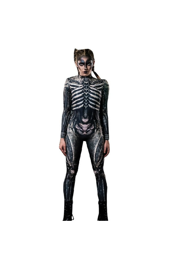 Halloween Hallowmas Bodysuit Skeleton Printed Suit Women O-Neck Jumpsuit Trendy Female Onesie