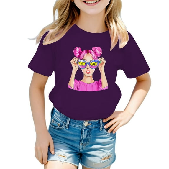 Hifoo Kid Girls T-Shirts Cute Print Graphic Round Neck Short Sleeve Tee Summer Casual T Shirt Tops Lovely Child Clothing