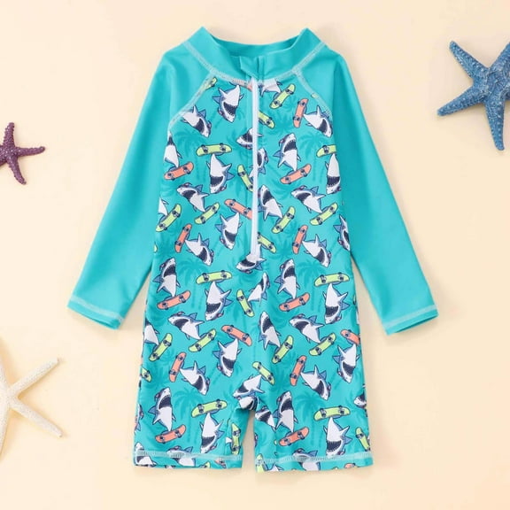 Hifoo Kids Boys Swimwear Long Sleeve Rash Guard Print Swimsuits Baby Toddler Beach Pool Swimming Sun Summer Outfit Birthday Vacation Bathing Suit