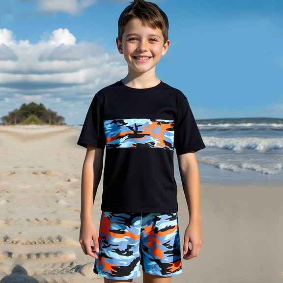Hifoo Kids Boys Swimwear Sets Camo Swim Shirt And Shorts For Beach Surfing Swimming Hot Spring Summer Outfit Lovely Vacation Pool Beachwear