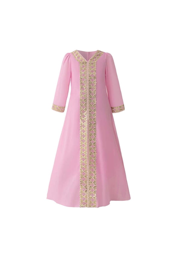 Kids Elegant Long Sleeve Embroidered Abaya Dress Girls Party Gown Long Sleeve Formal Evening Attire Traditional Robe Comfort Solid Color Children O-Neck Sundress For Play Birthday Holiday